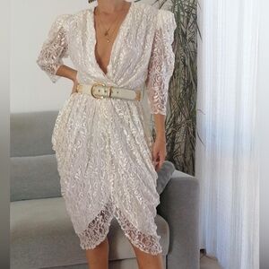 VTG 80s long sleeve white lace dress/deep v neck midi white dress by Glenrob